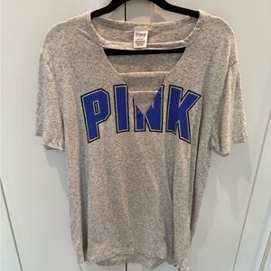 PINK Victoria's Secret Heather Gray Short Sleeve Tee with Blue Logo